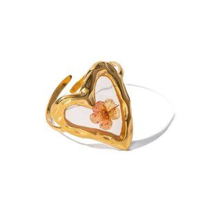 18K Gold Plated Stainless Steel Texture Hollow Heart Flower Open Ring
